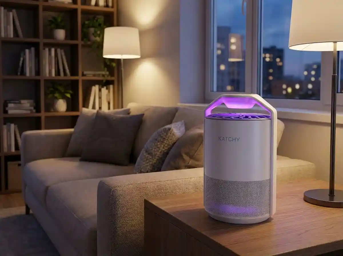 Katchy insect trap on a modern kitchen counter surrounded by houseplants